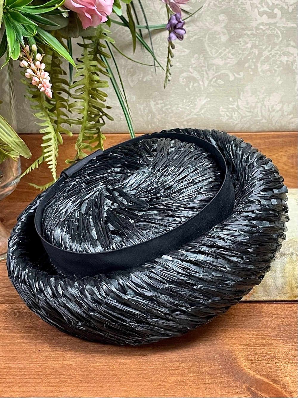 Vintage 60s Mr Charles Black Cello Straw Bumper Hat Jackie O MCM